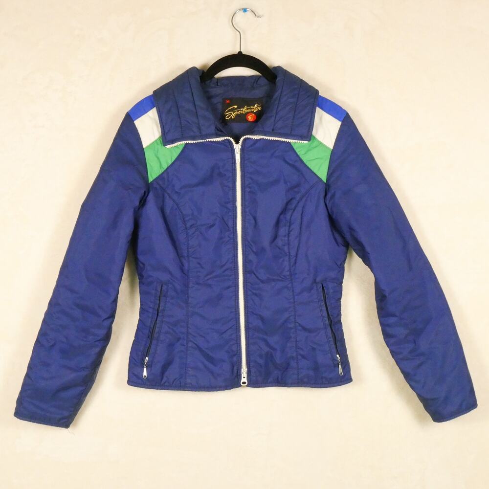 Vintage 80s Sportcaster Stripe Shoulder Snow Jacket Sz M Blue Green White Retro